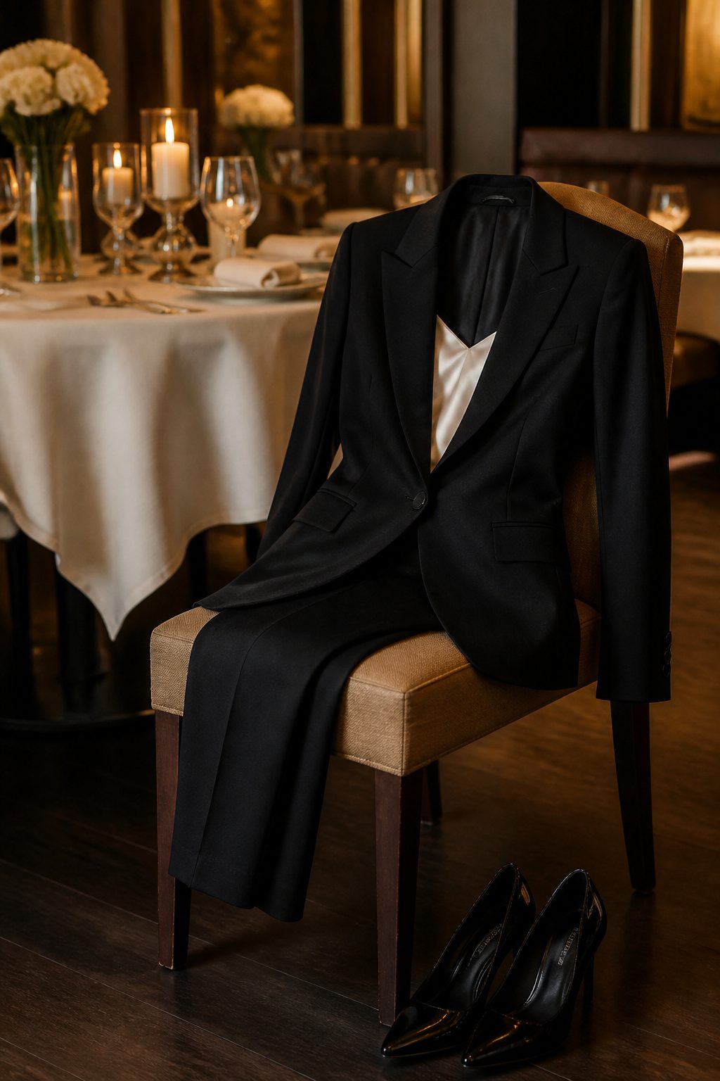 A tailored dinner suit with flared trousers and structured shoulders shown elegantly.