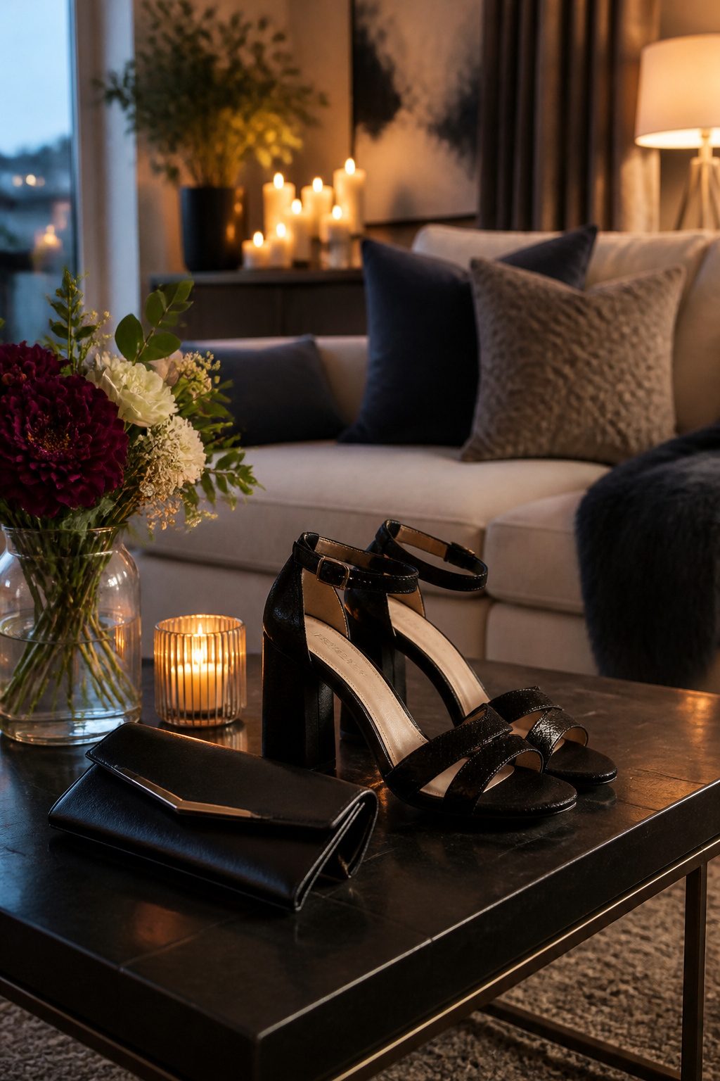A pair of black block heels and a satin clutch displayed on a coffee table.