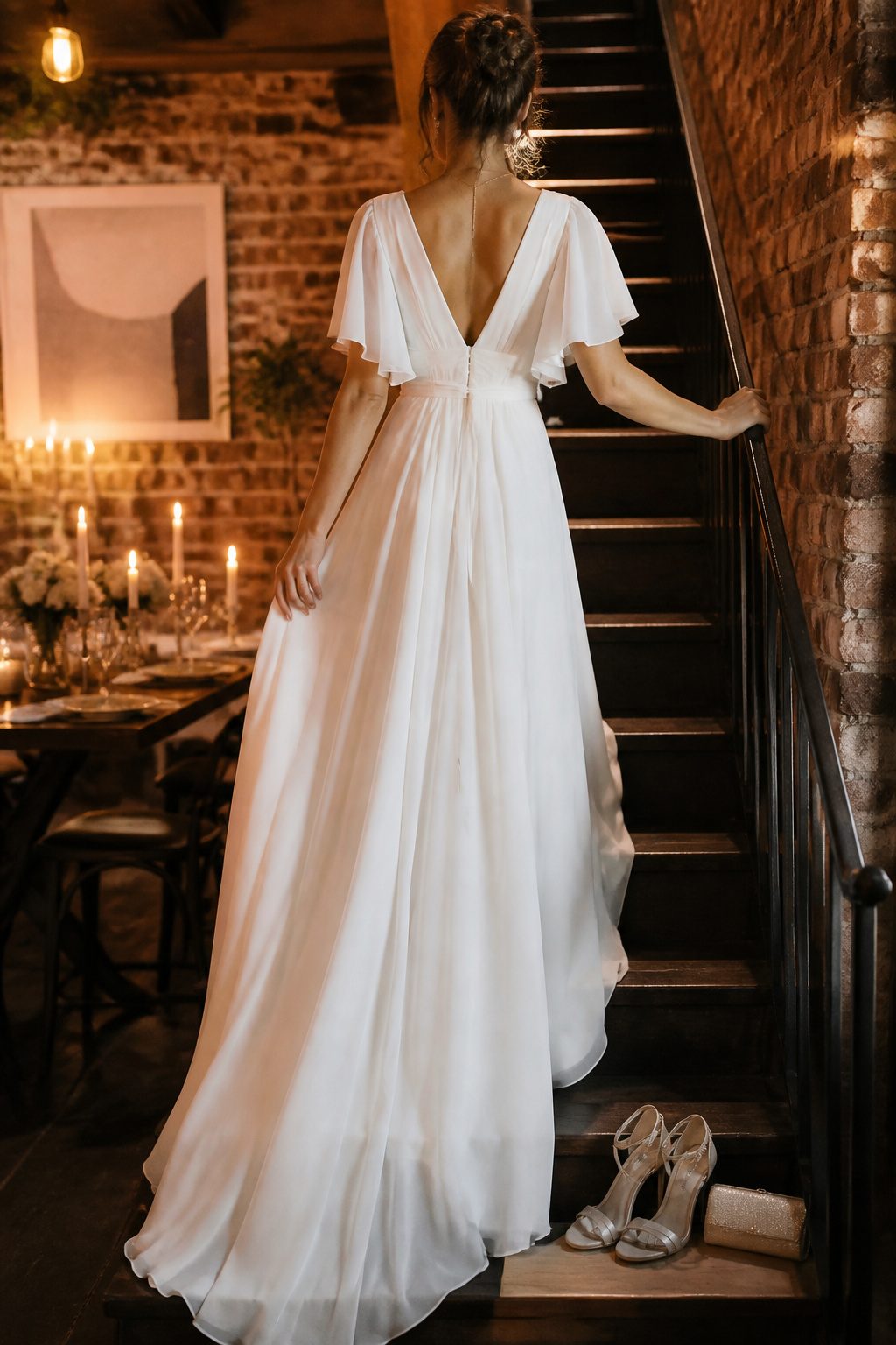 A white maxi dress with flutter sleeves displayed on a mannequin.