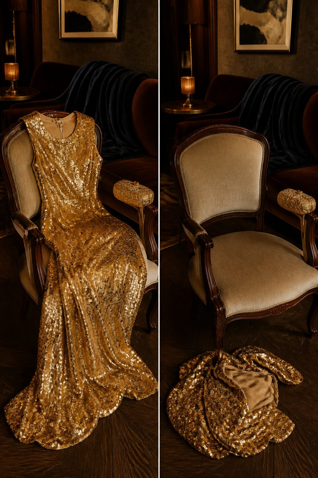 A selection of dresses featuring sequins, velvet, and lace on display.