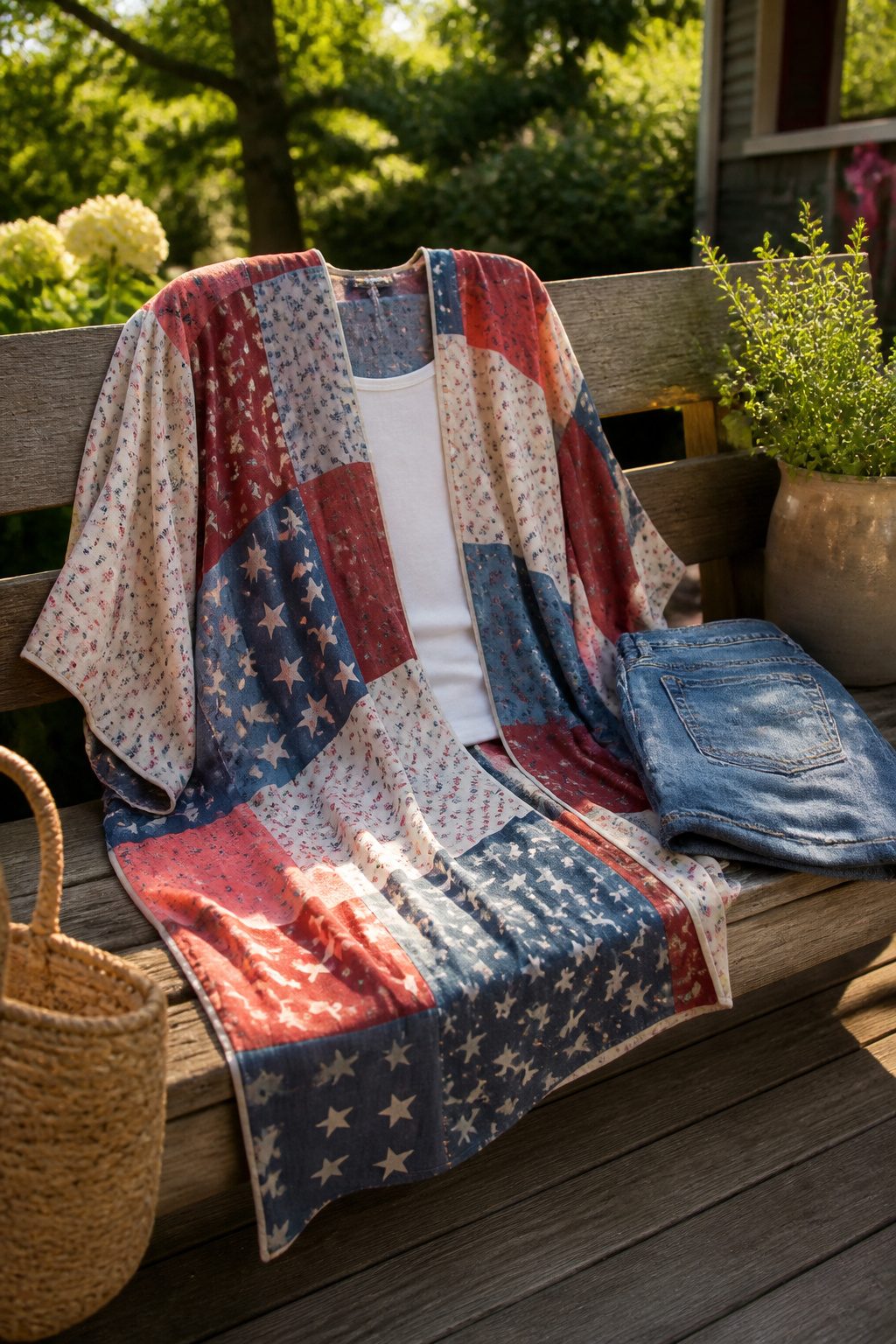 Americana patchwork kimono draped over a wooden bench.
