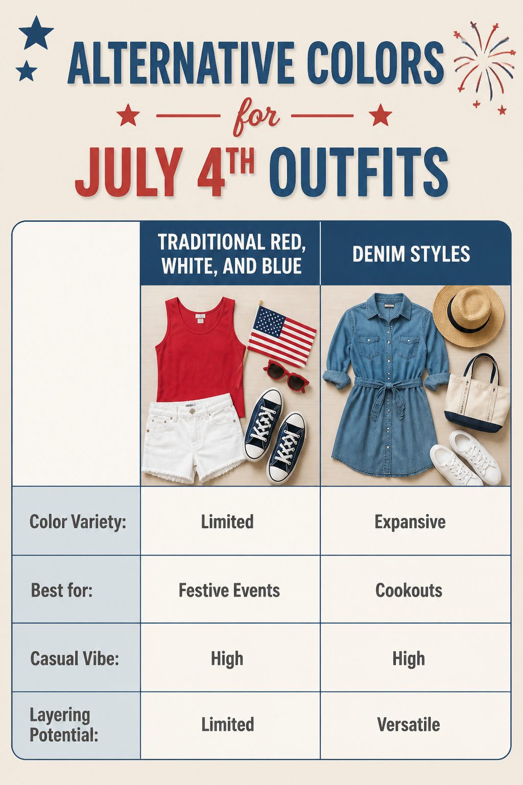 Information image showing alternative colors for July 4th outfits.