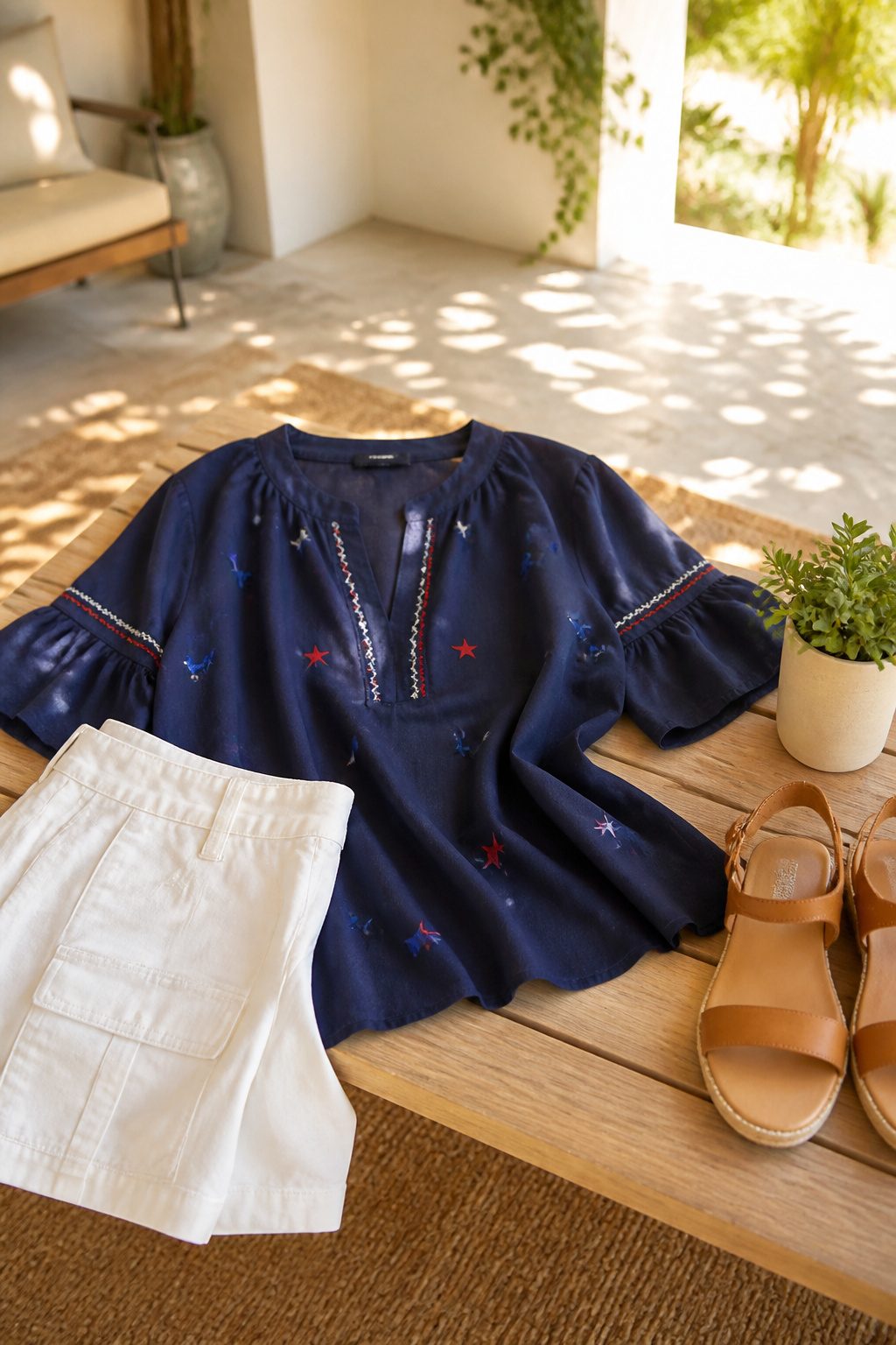 Embroidered star split neck blouse with white cargo shorts nearby.