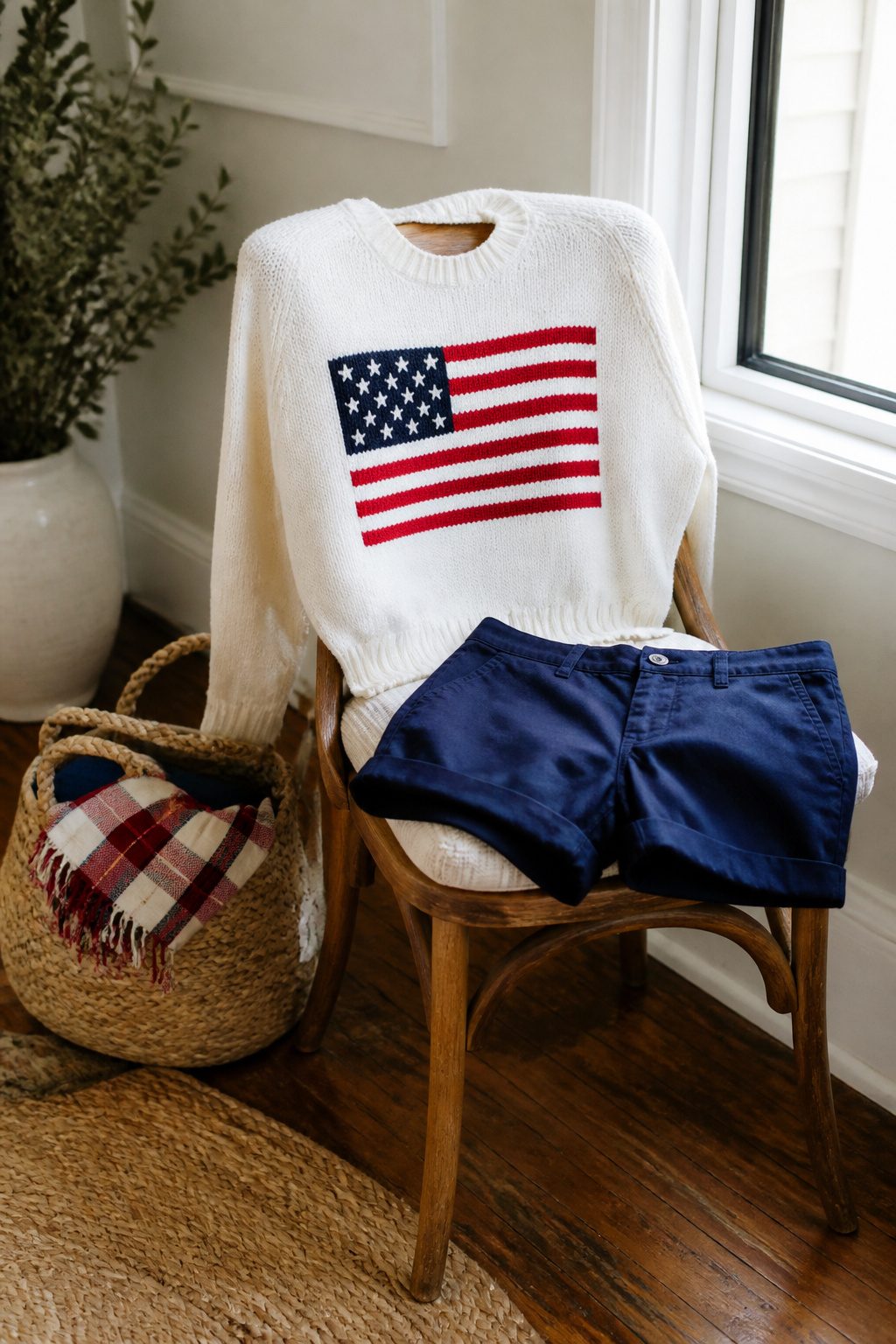 100% cotton flag graphic sweater draped over a chair.
