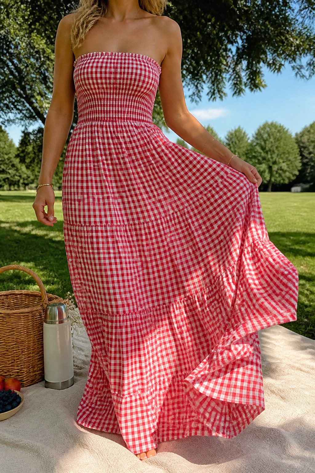 Red gingham smocked maxi dress displayed in a picnic setting.