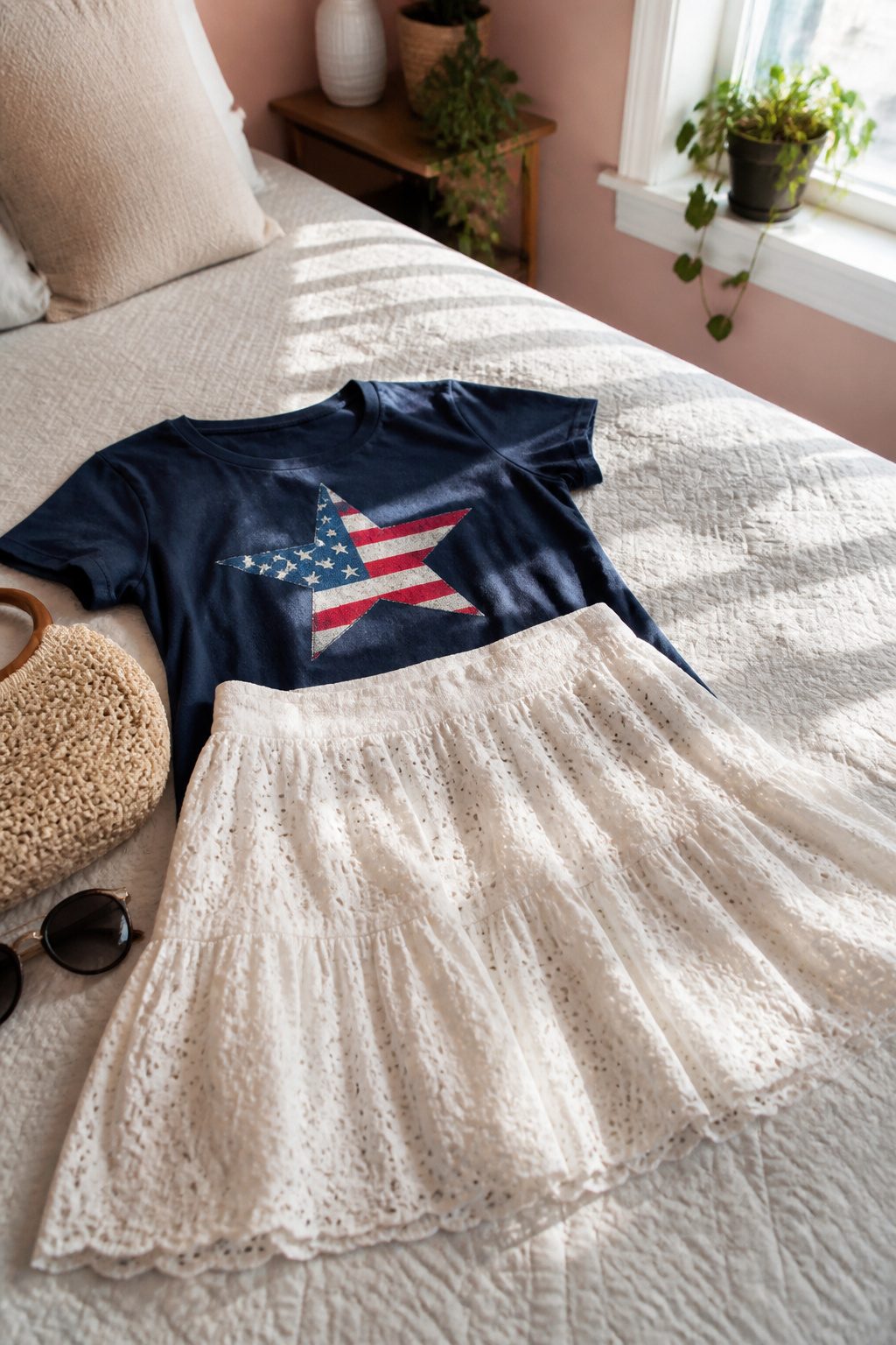 High waist eyelet mini skirt styled on a bedspread.