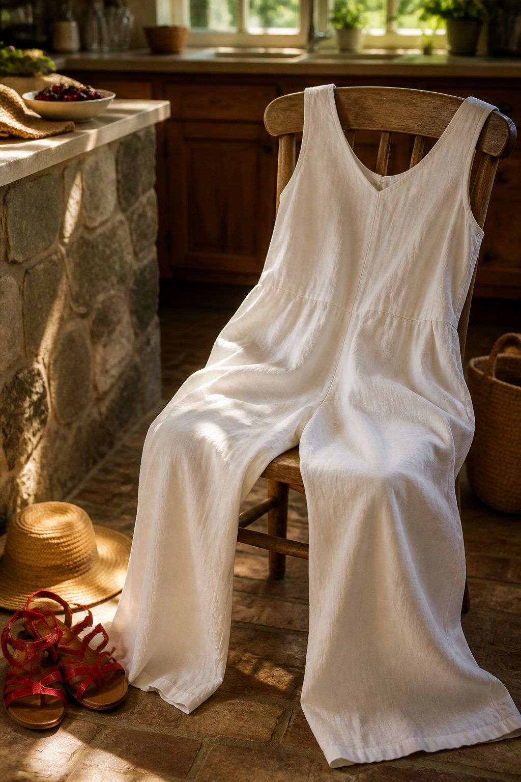 Linen Me Linen Jumpsuit draped elegantly on a beach chair.