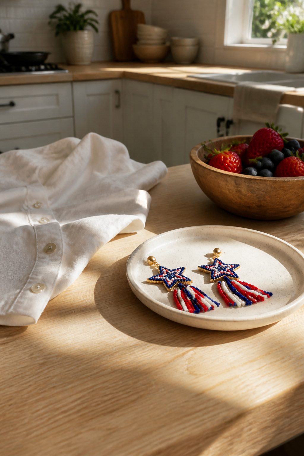 Statement patriotic earrings with intricate beadwork on a counter.