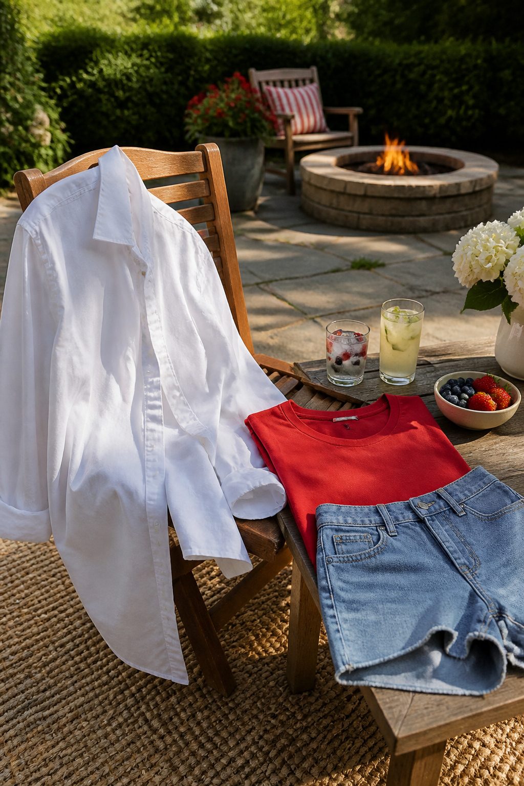 Poplin Easy Button-Up Shirt displayed over a chair in a backyard.