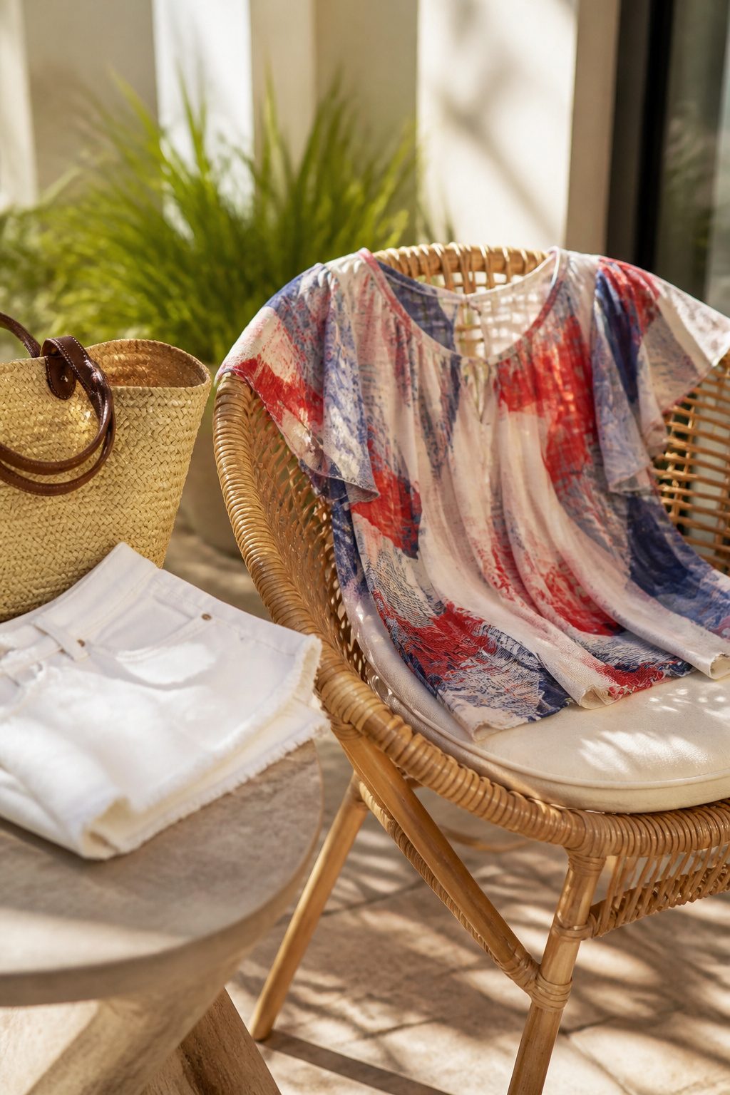 Printed chiffon blouse draped over a wicker chair in a lounge.