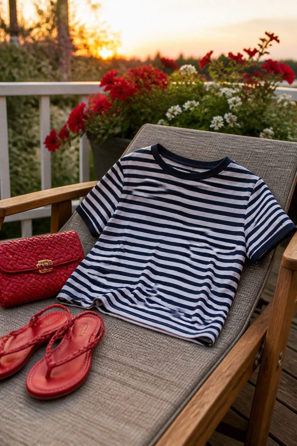 Navy-and-white striped cropped t-shirt on a wooden lounge chair.