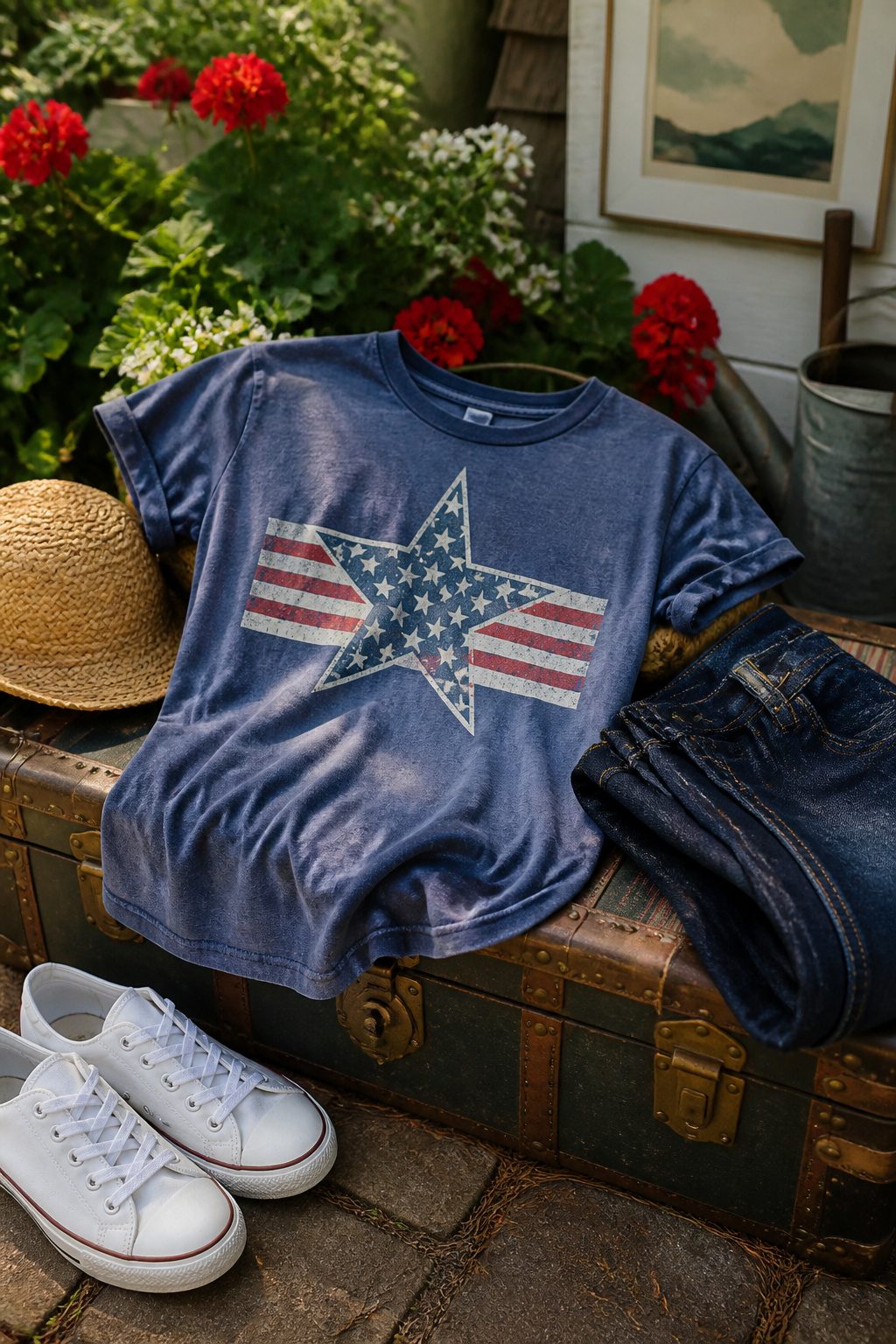 Retro Star USA graphic tee displayed on a vintage trunk.