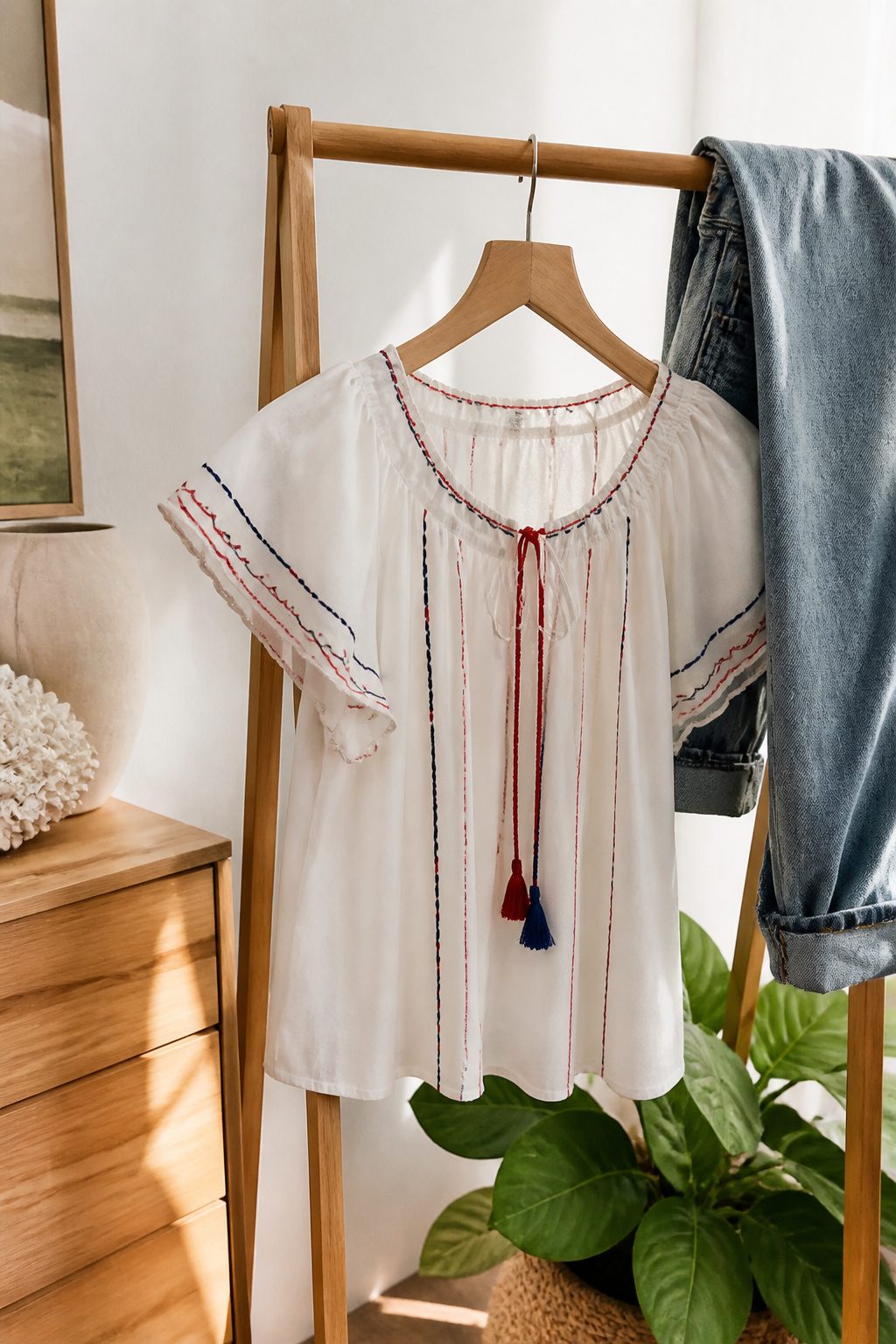Shell sleeve peasant blouse draped on a clothing rack.