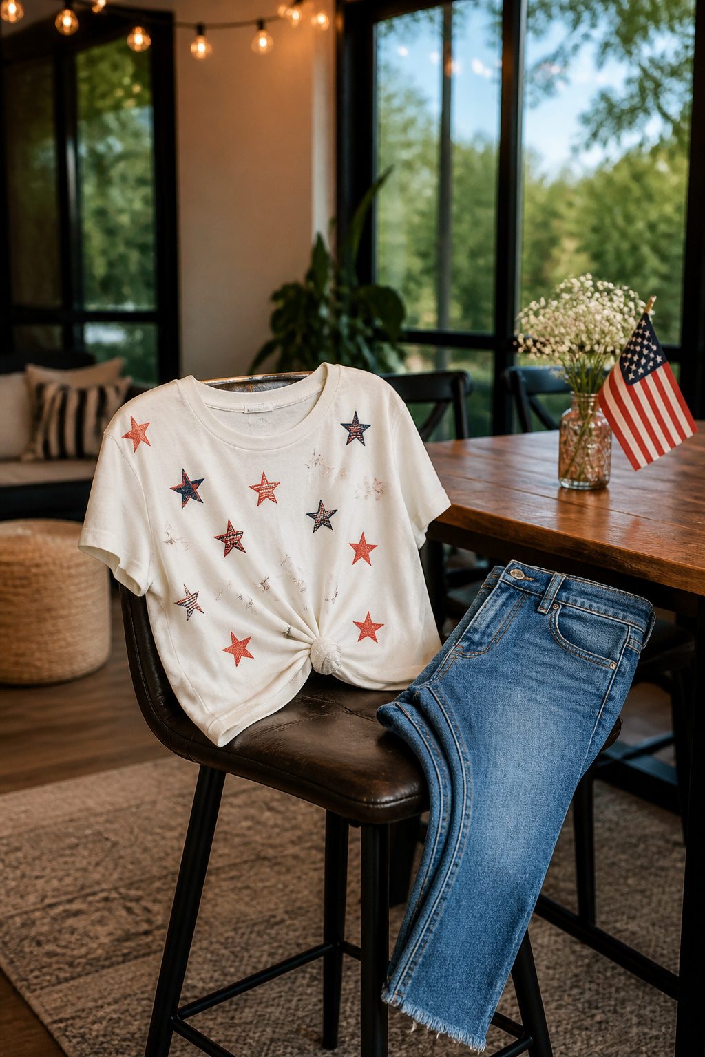 Twist front t-shirt displayed on a bar stool.