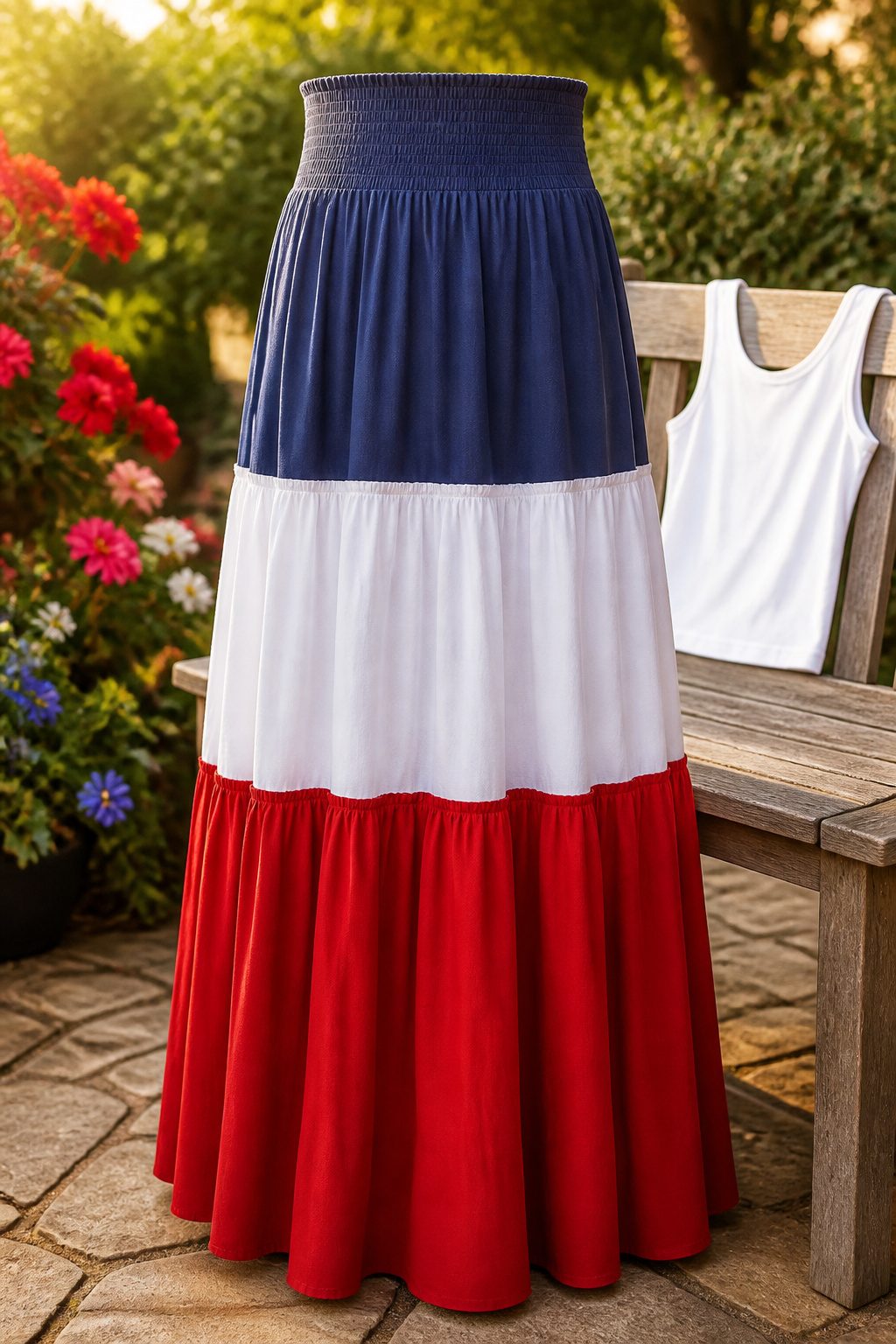 A tiered maxi skirt displayed in a summer setting.
