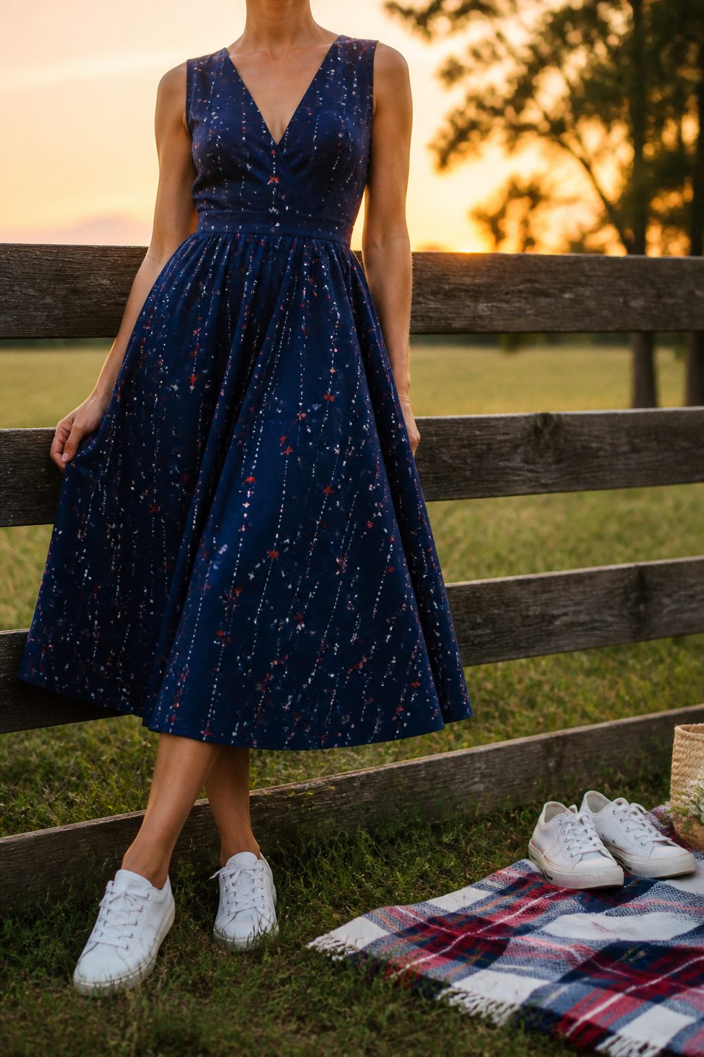 Fit and flare midi dress hanging elegantly in a bright area.