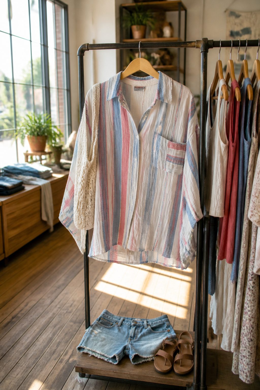 Double cloth striped shirt hanging in a boutique.