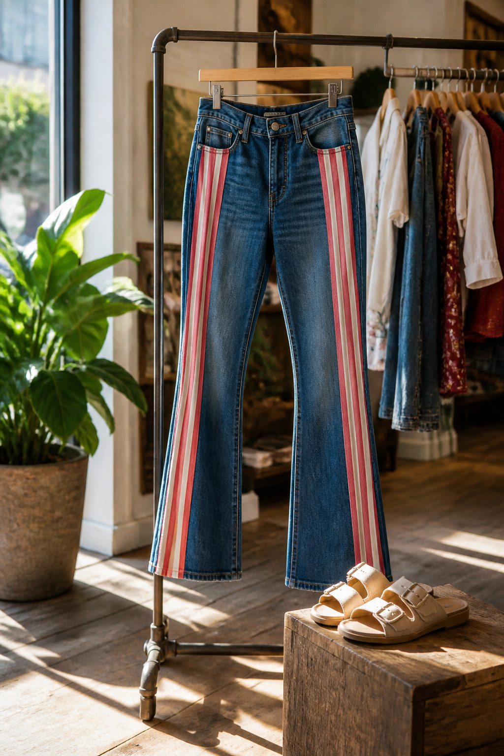 Striped flare jeans hanging from a clothing rack.