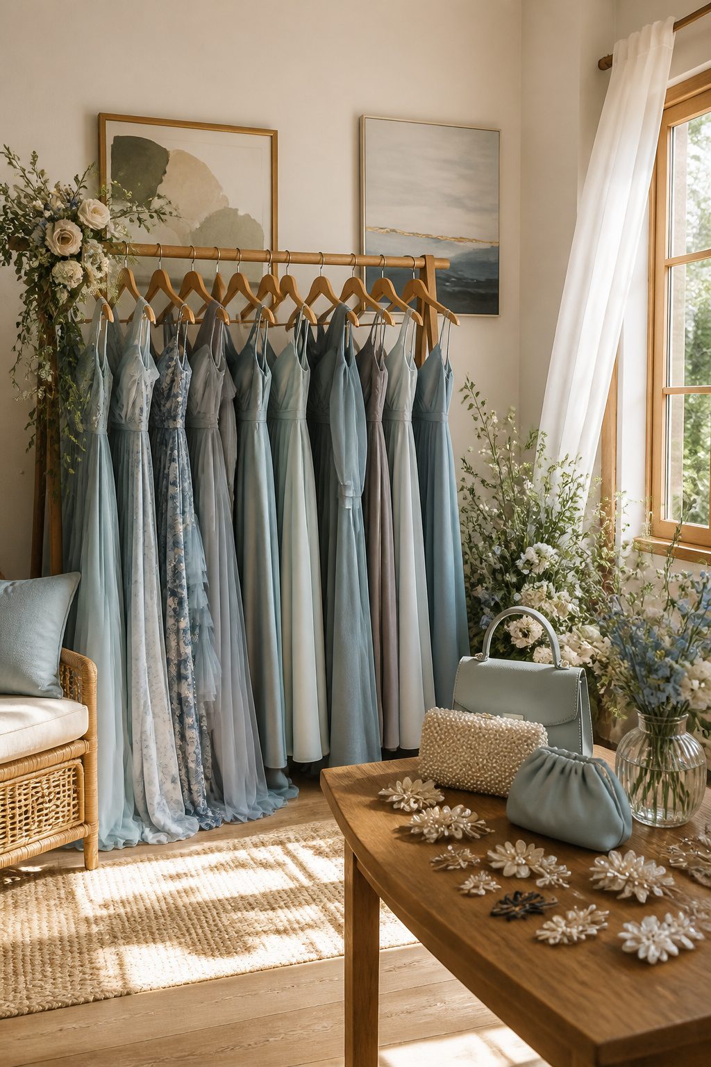 8 Bachelorette Party Outfit Ideas for 2026: What the Bride Actually Wears 8 Various bridesmaid dresses in soft blues and grays on a rack.
