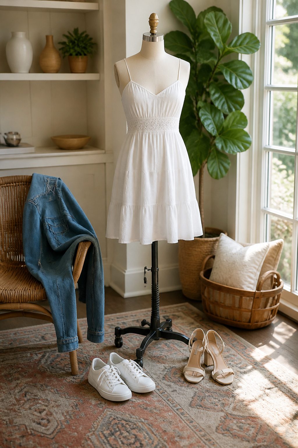 8 Bachelorette Party Outfit Ideas for 2026: What the Bride Actually Wears 4 A white sundress with sneakers and heels beside it.