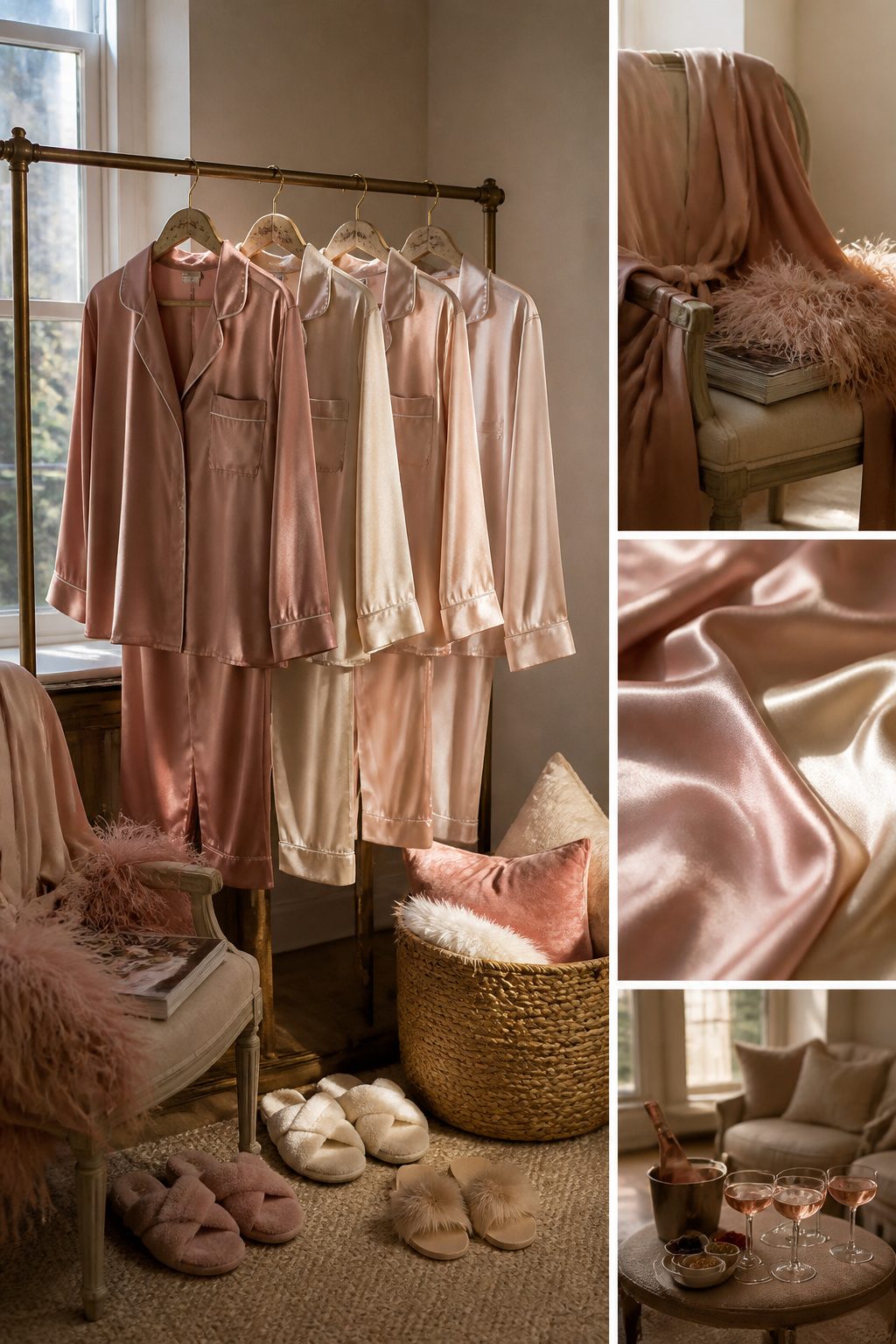 8 Bachelorette Party Outfit Ideas for 2026: What the Bride Actually Wears 7 Satin pajamas in soft colors displayed on a rack.