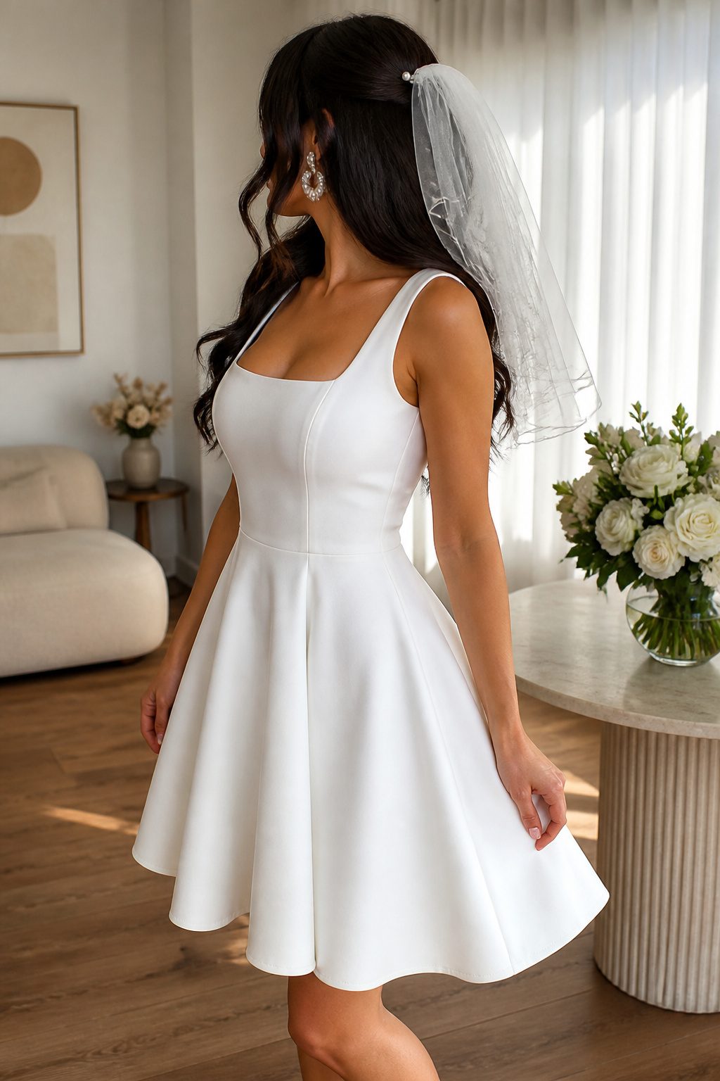 8 Bachelorette Party Outfit Ideas for 2026: What the Bride Actually Wears 1 A white fit-and-flare dress displayed on a mannequin.