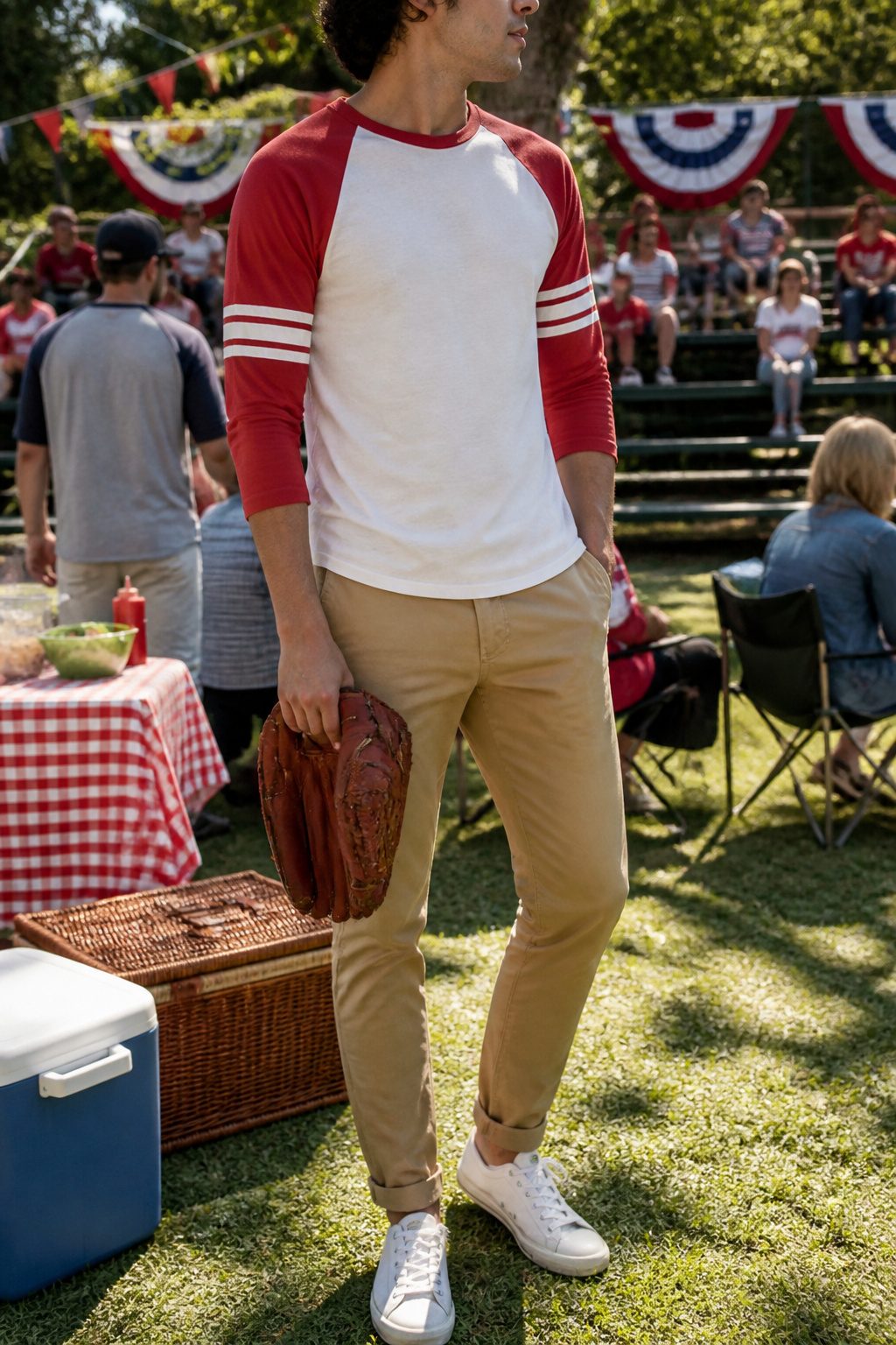 Model wearing a baseball tee and slim chinos, set against a vibrant backdrop.