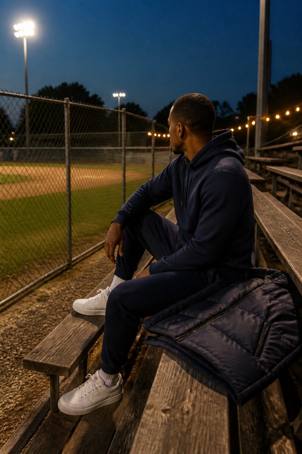 Model in a hoodie and joggers, captured in a cozy evening game atmosphere.
