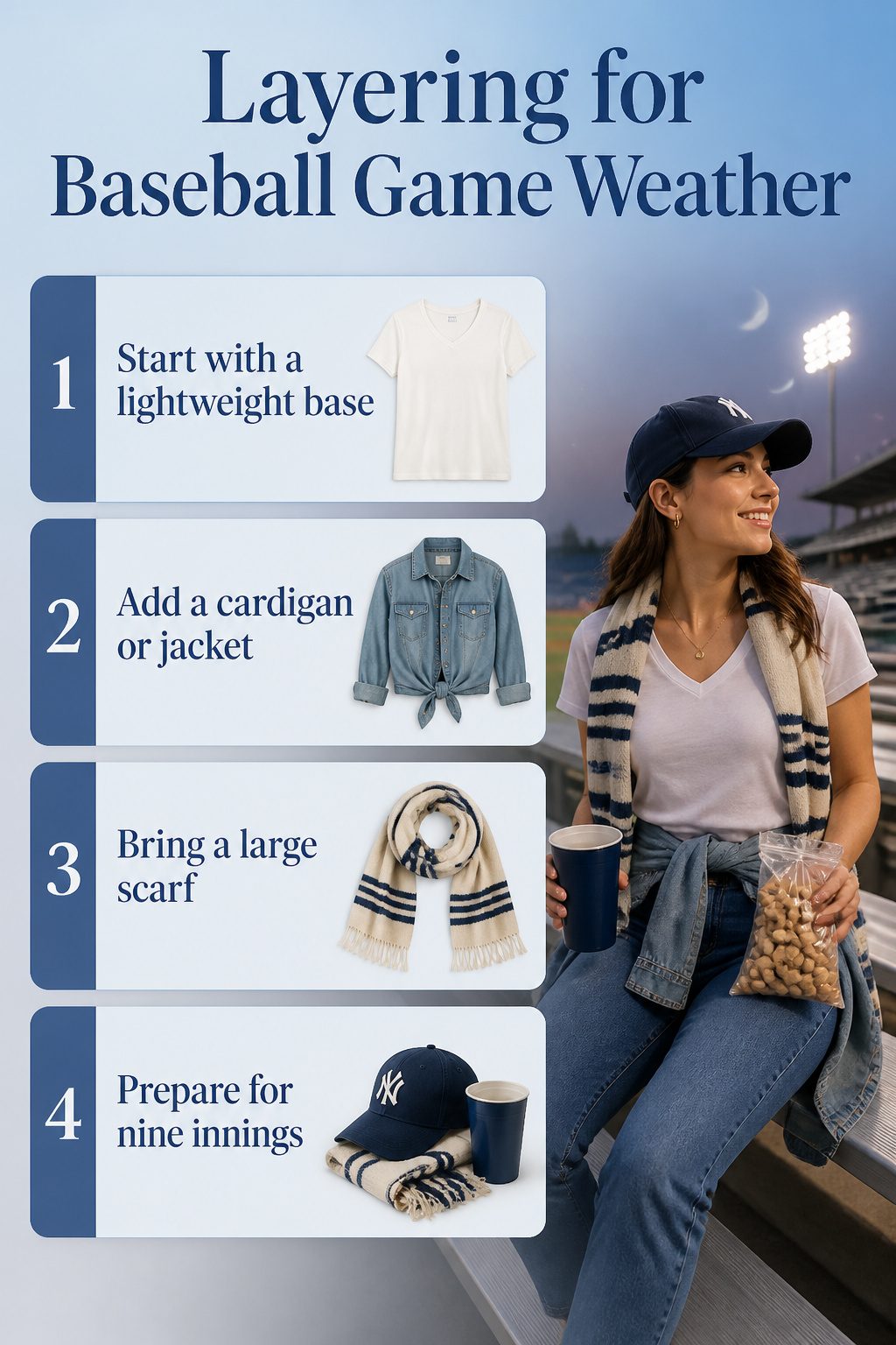 Information image about layering for varying baseball game weather.