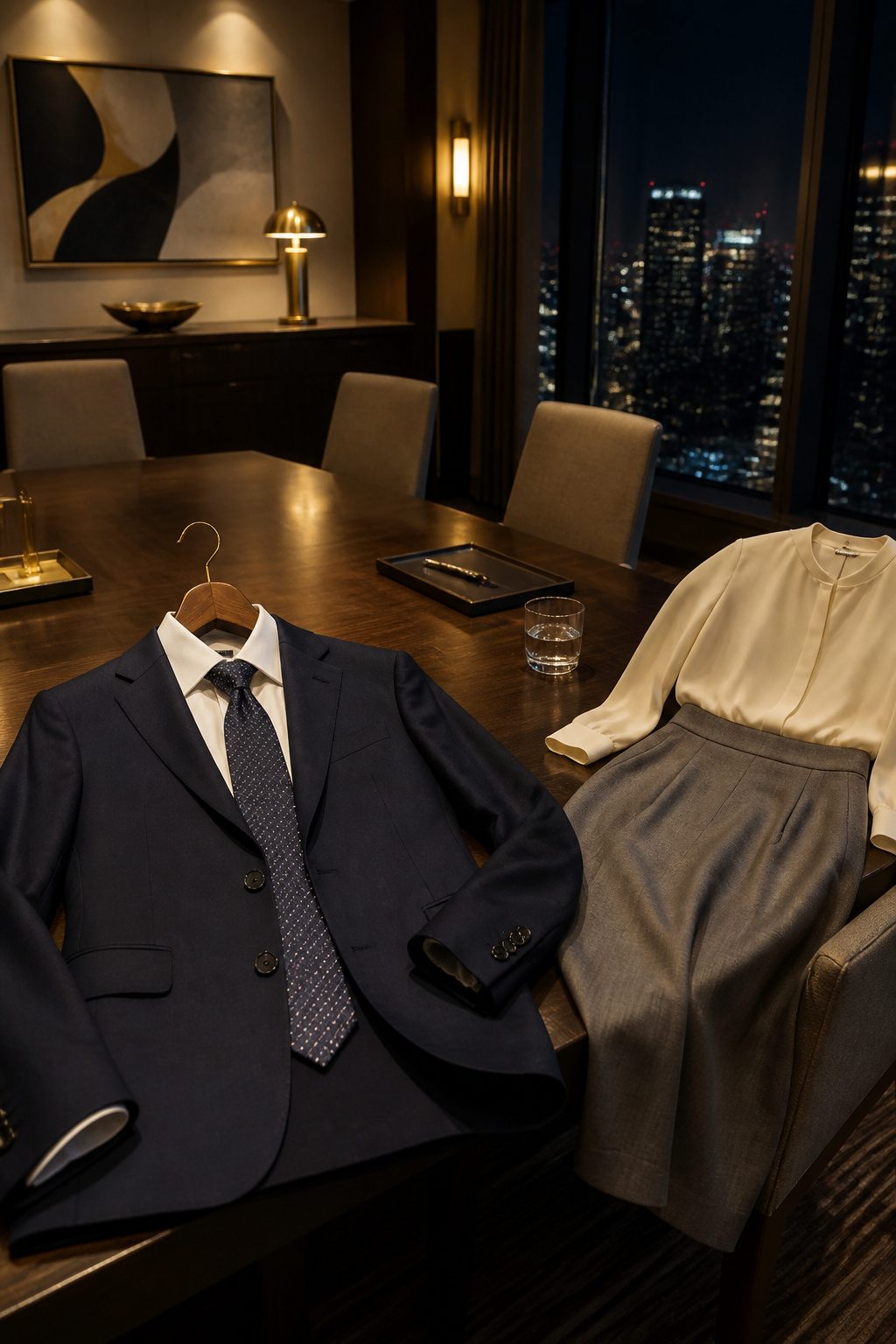 Man's fitted corporate suit and tie on a dark wooden table.