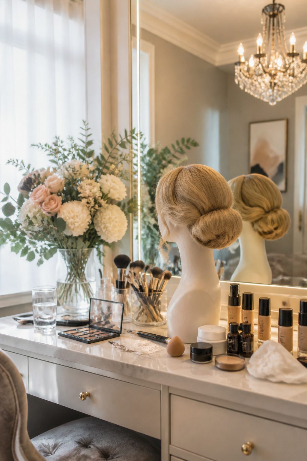 Mannequin with sleek updo and makeup products on a vanity.