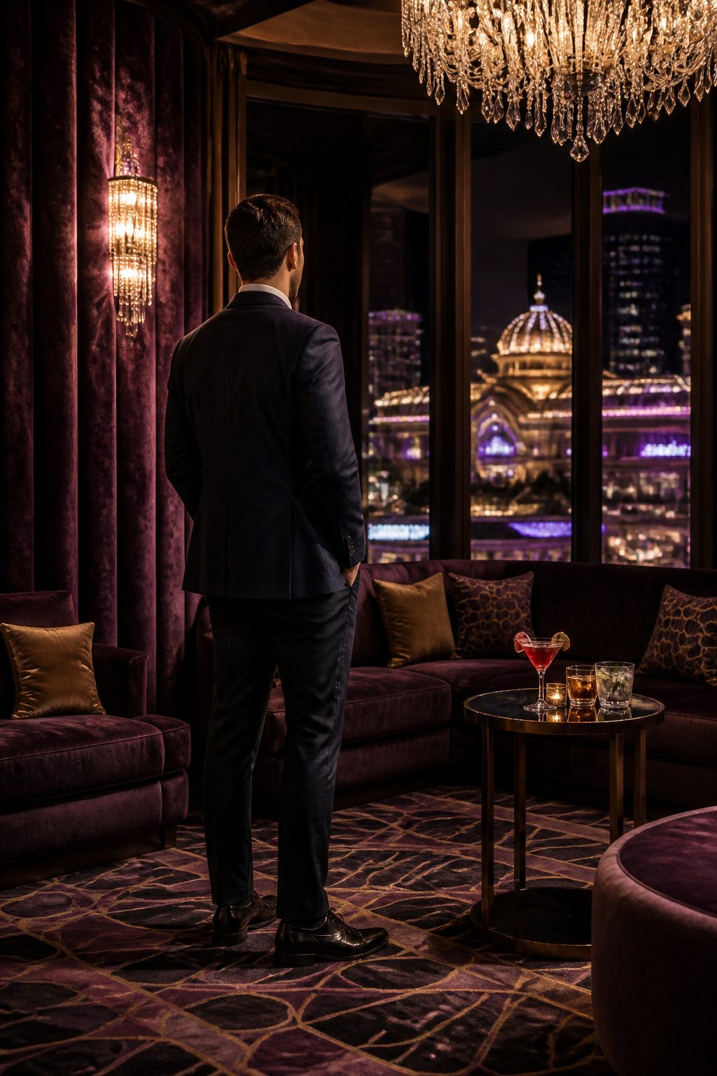 Man dressed in dark slacks and a white shirt in a casino lounge.
