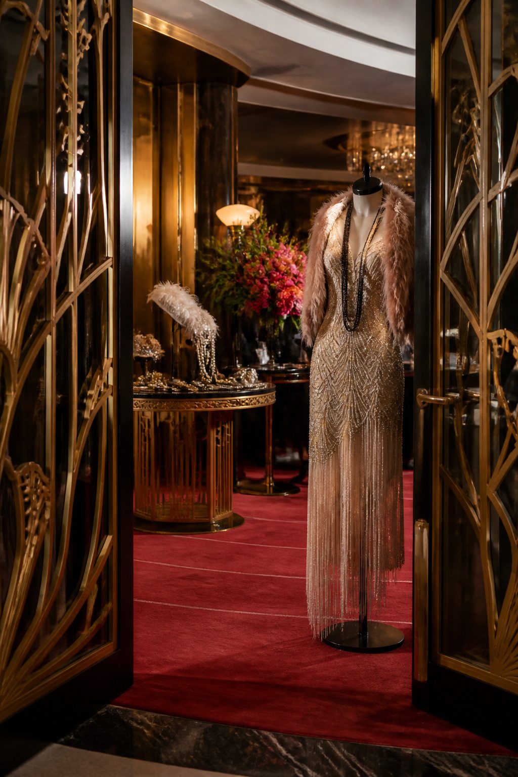1920s-inspired dress and accessories on a table in a casino.