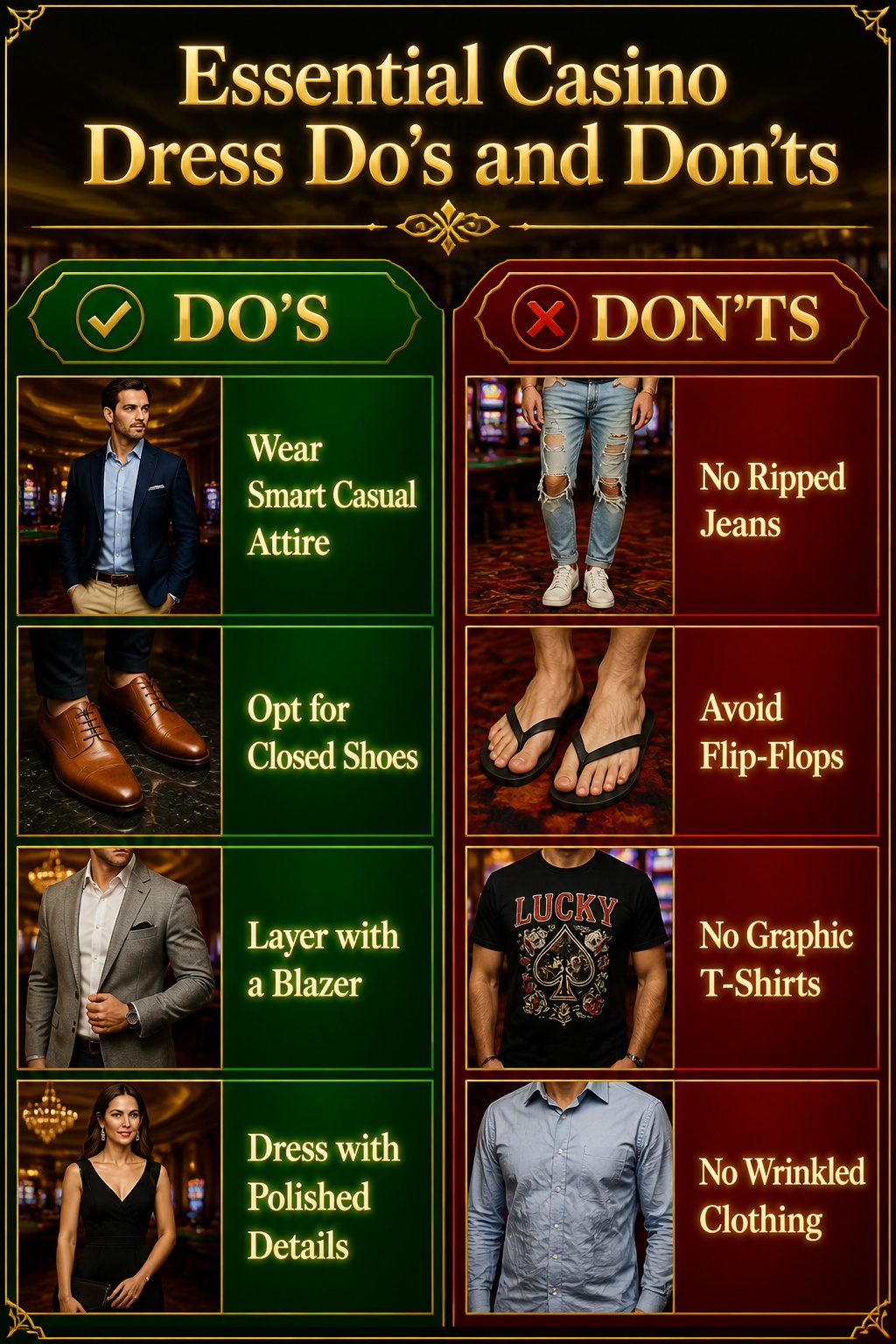 Graphic listing essential do's and don'ts for casino dress codes.