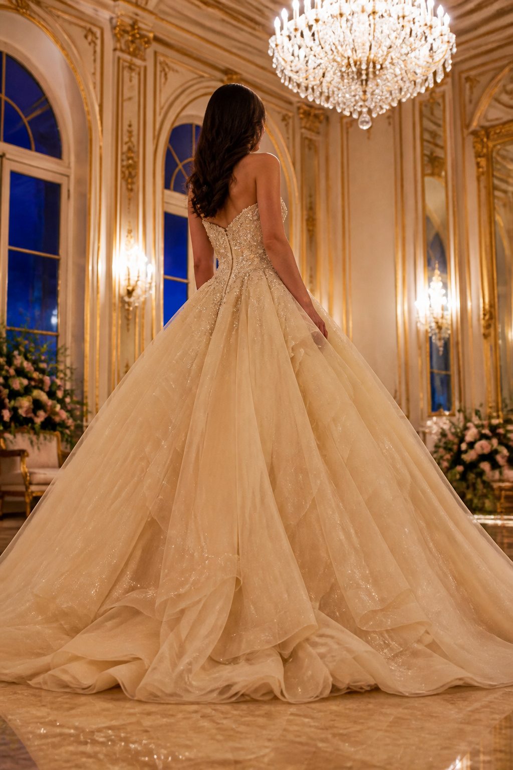 Champagne Color Prom Dresses in 10 Styles for 2026 5 A champagne ball gown with a voluminous skirt displayed elegantly.