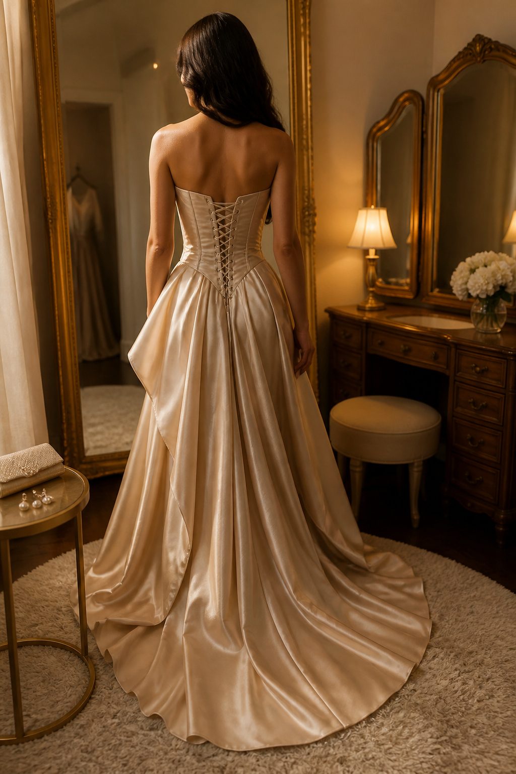 Champagne Color Prom Dresses in 10 Styles for 2026 7 A corset bodice champagne prom dress displayed with intricate lacing.