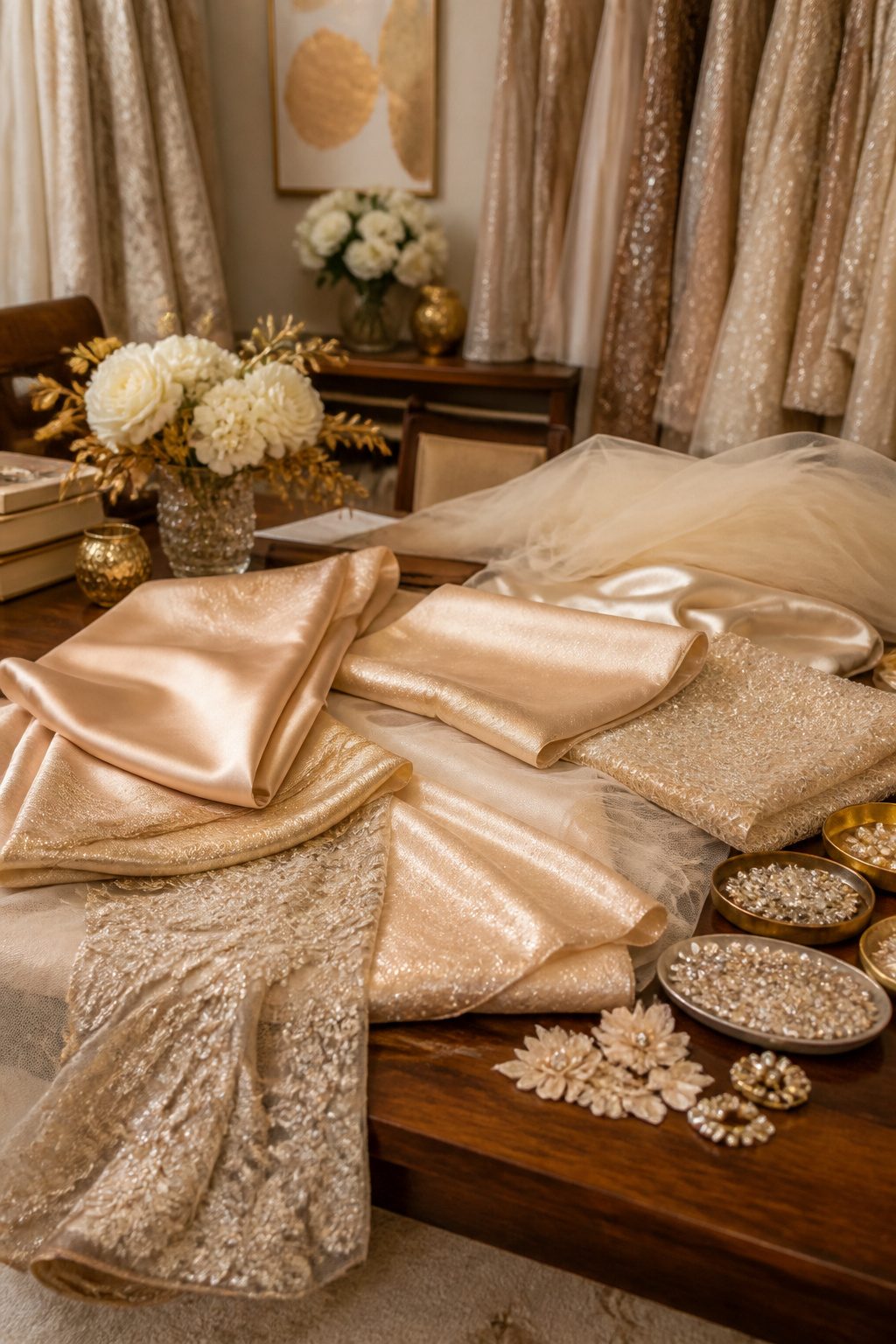Champagne Color Prom Dresses in 10 Styles for 2026 12 A table displaying champagne fabric swatches and embellishments.