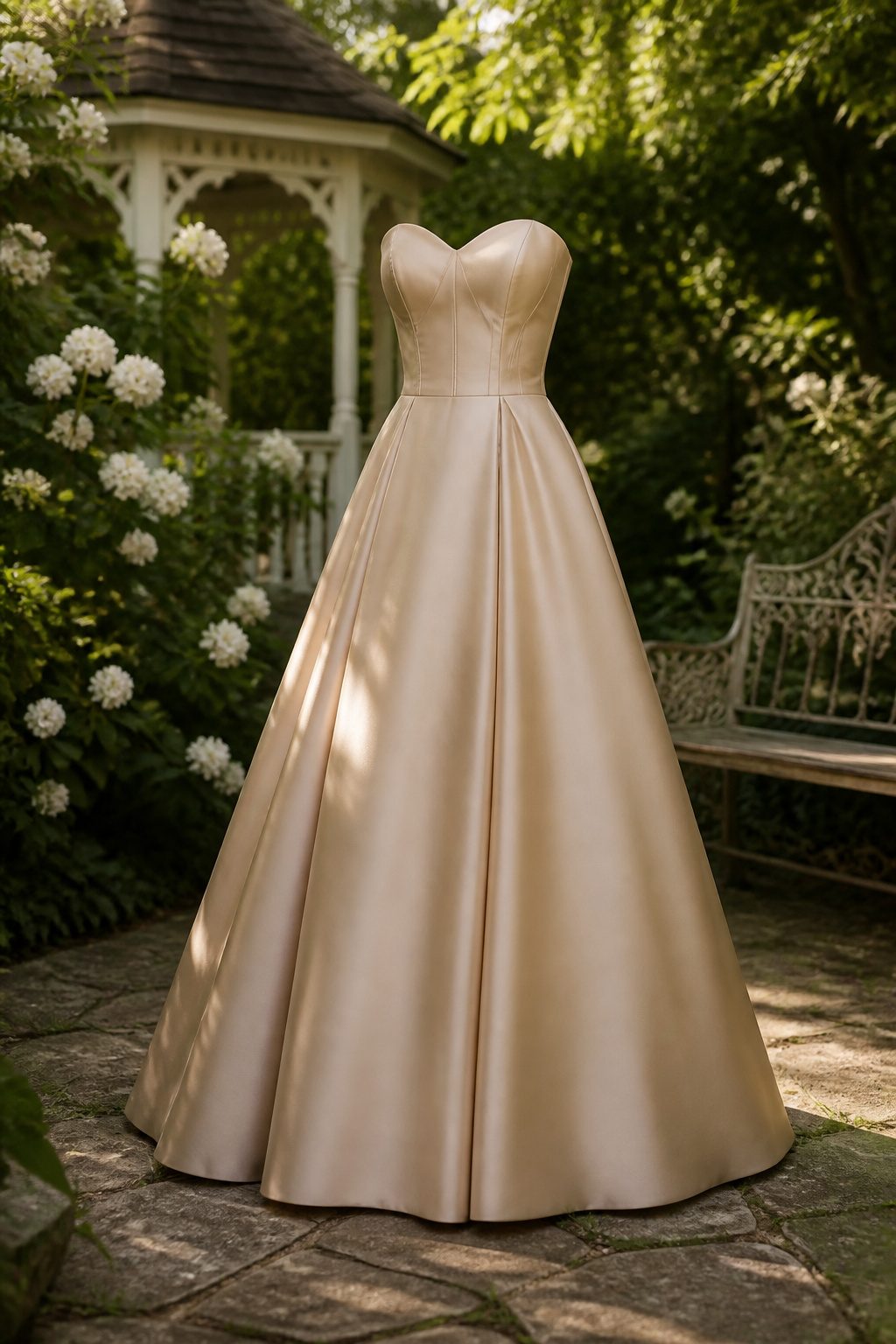 Champagne Color Prom Dresses in 10 Styles for 2026 4 A champagne A-line prom dress shown from a side angle.