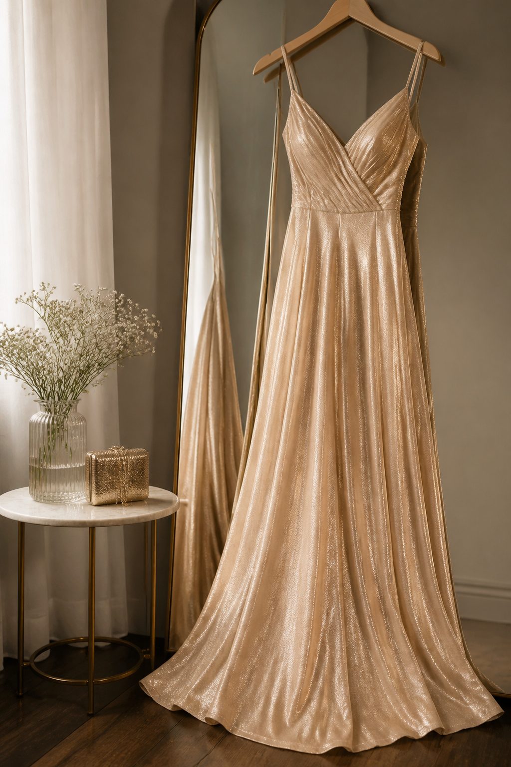 Champagne Color Prom Dresses in 10 Styles for 2026 1 A floor-length satin champagne prom dress displayed in natural light.