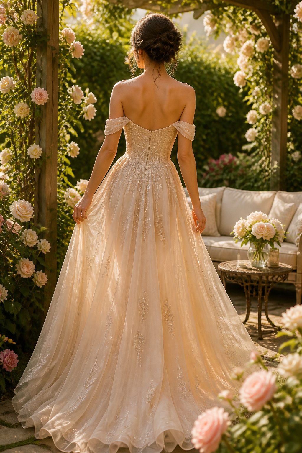Champagne Color Prom Dresses in 10 Styles for 2026 9 An off-the-shoulder champagne prom dress showcasing its neckline.