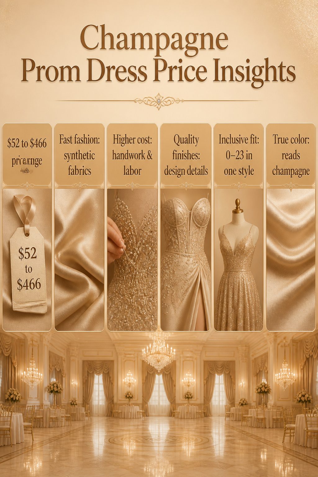 Champagne Color Prom Dresses in 10 Styles for 2026 13 An infographic showing the price range for champagne prom dresses.