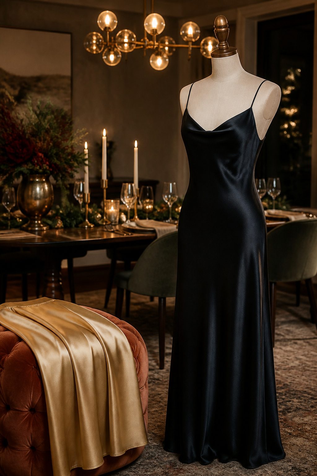 A black silk slip dress hanging elegantly.