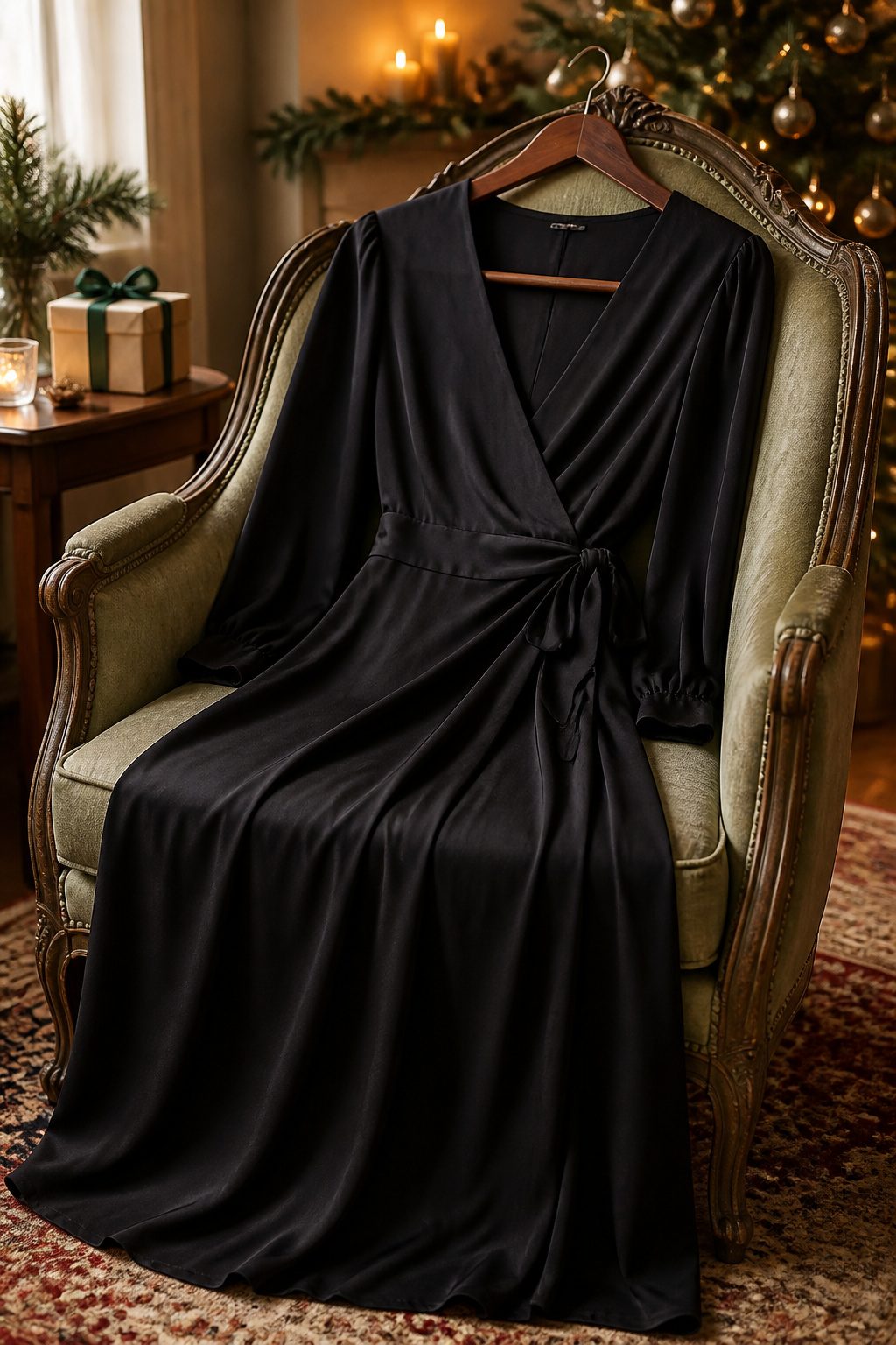 Three dresses in red, green, and black on a table.