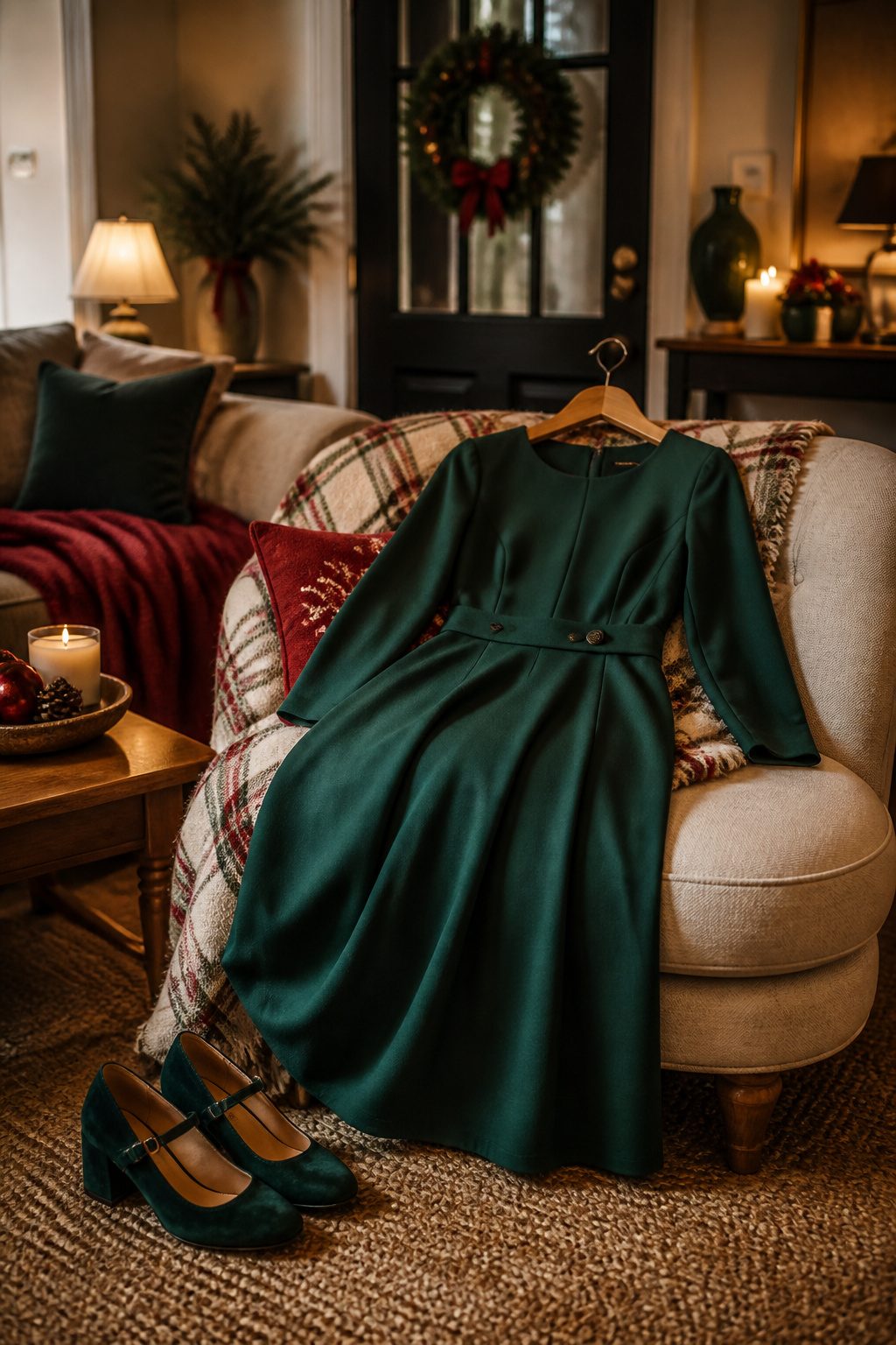 A tailored dress and stylish shoes on a cushioned seat.