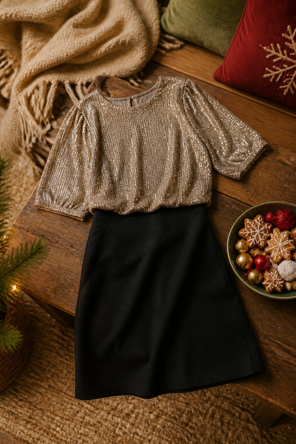 A glittery top and a plain skirt arranged together.