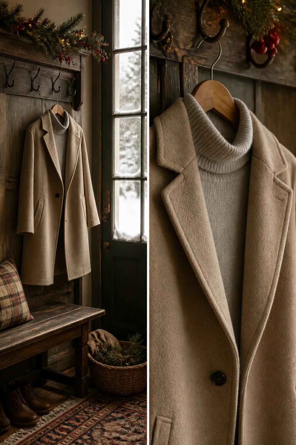 A warm wool coat hanging on a rack.