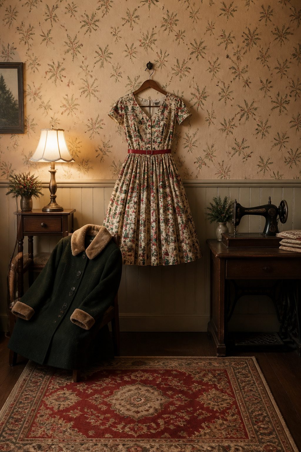 A vintage dress with a full skirt and holiday patterns on display.