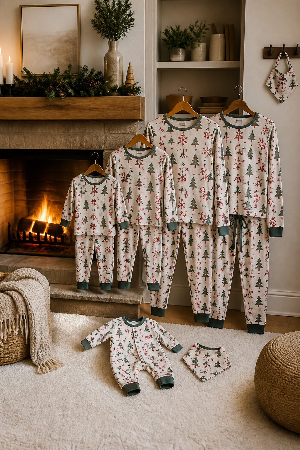 Family matching pajamas in festive prints on a cozy living room couch.
