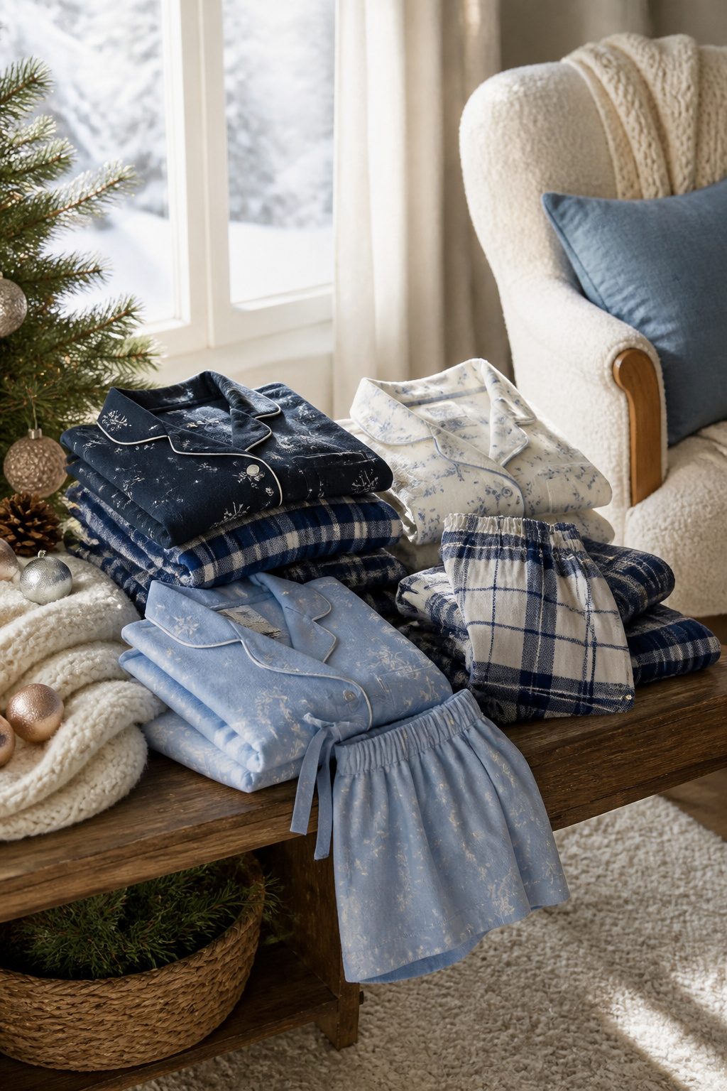 Christmas pajamas in winter colors displayed near a window with decorations.