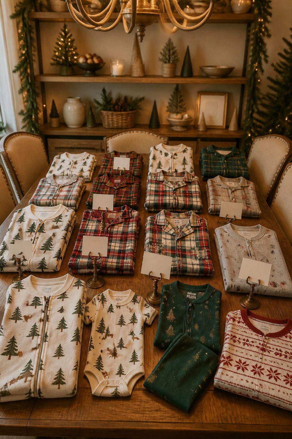 Variety of matching pajamas for different ages arranged on a dining table.